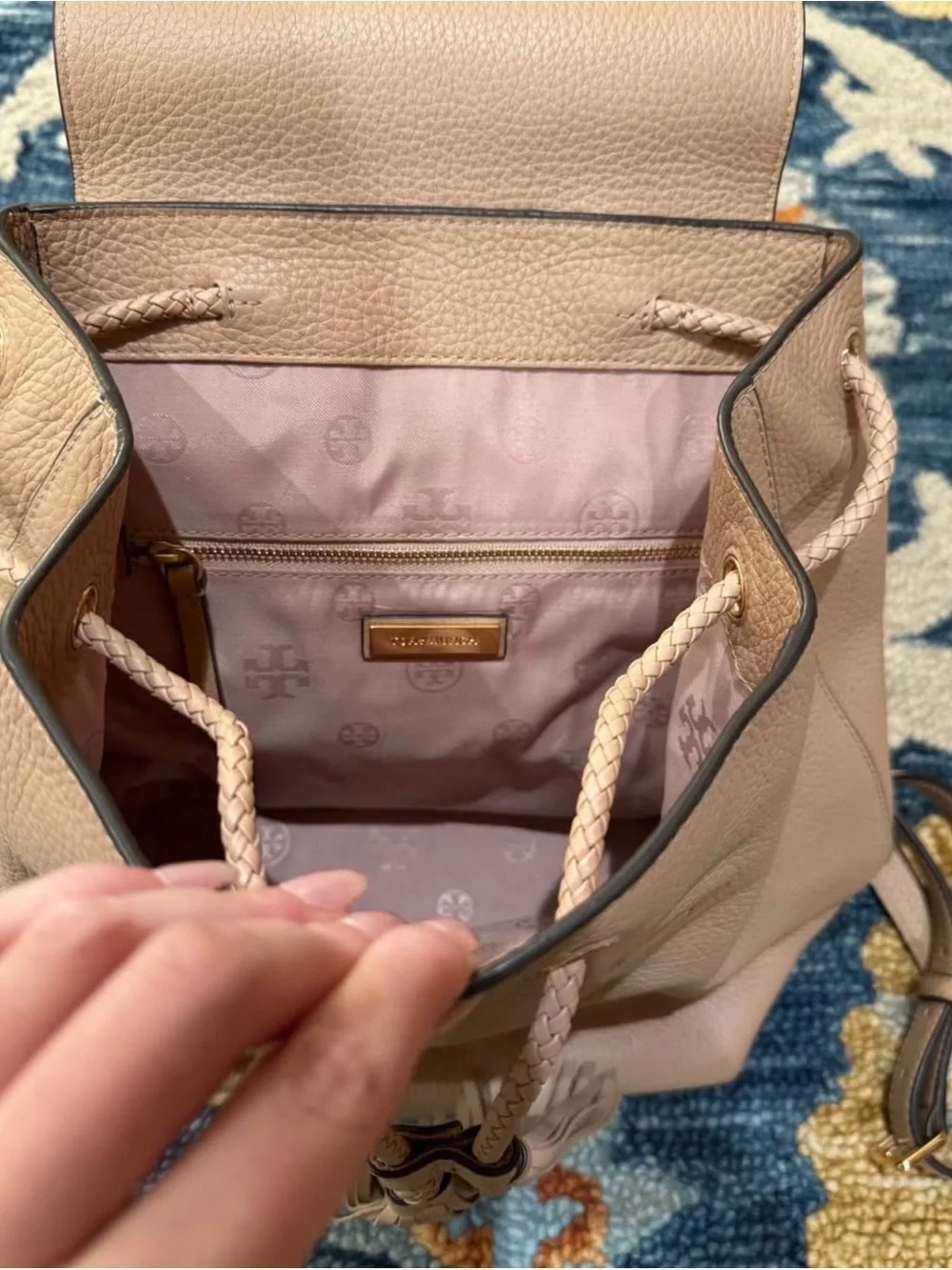 Tory Burch Blakely Tassel Drawstring Backpack in Pale Blush